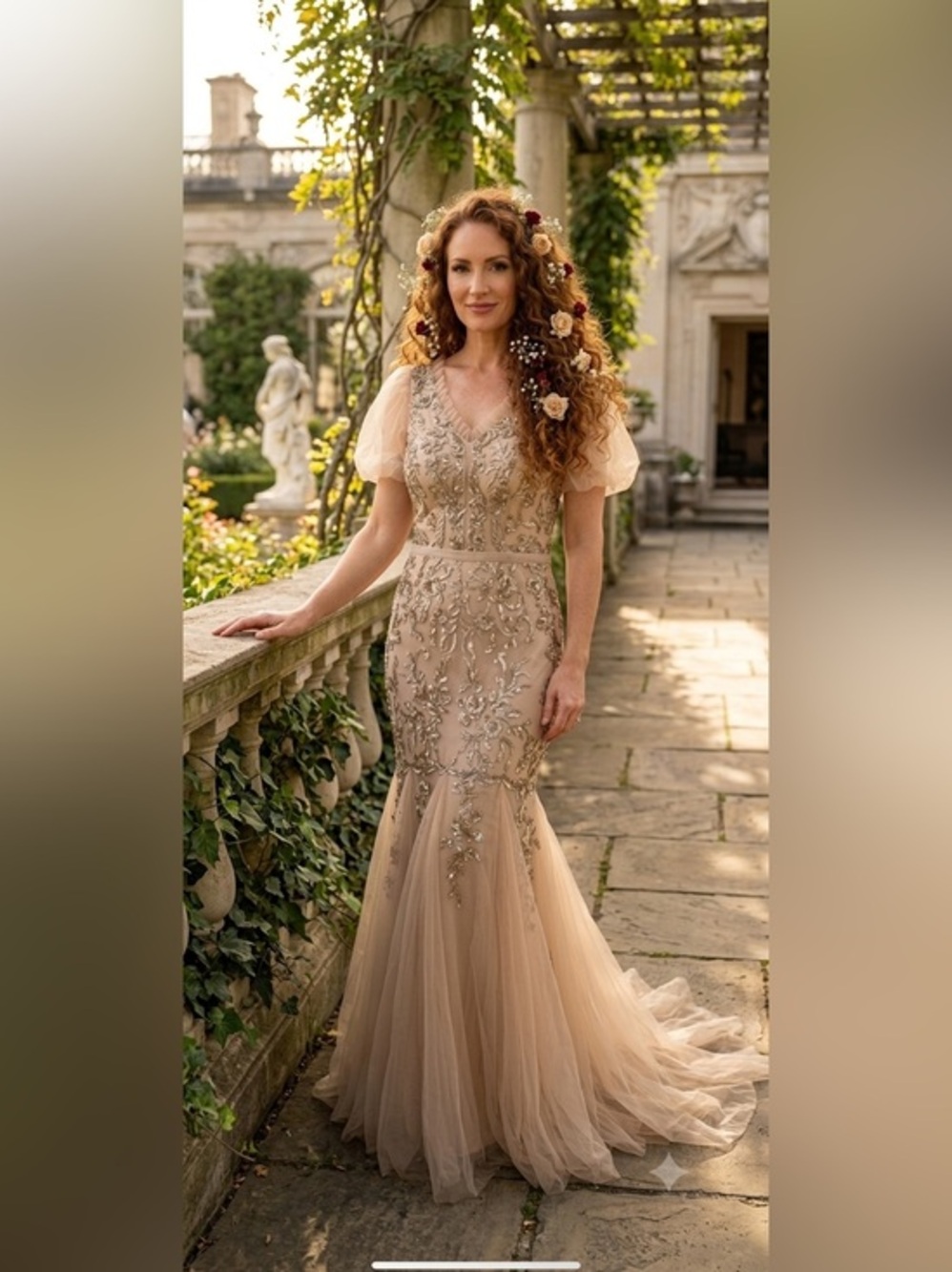 Elegant Beige Embroidered Tulle Formal Evening Dress NWT Size 12